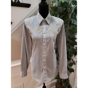 Vintage Black & White Striped Polyester Long Sleeve Button Down Shirt Medium